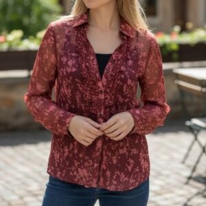 EUC NABI Size Large Art-to-Wear Crinkle Blouse Top Maroon Abstract Floral Print!